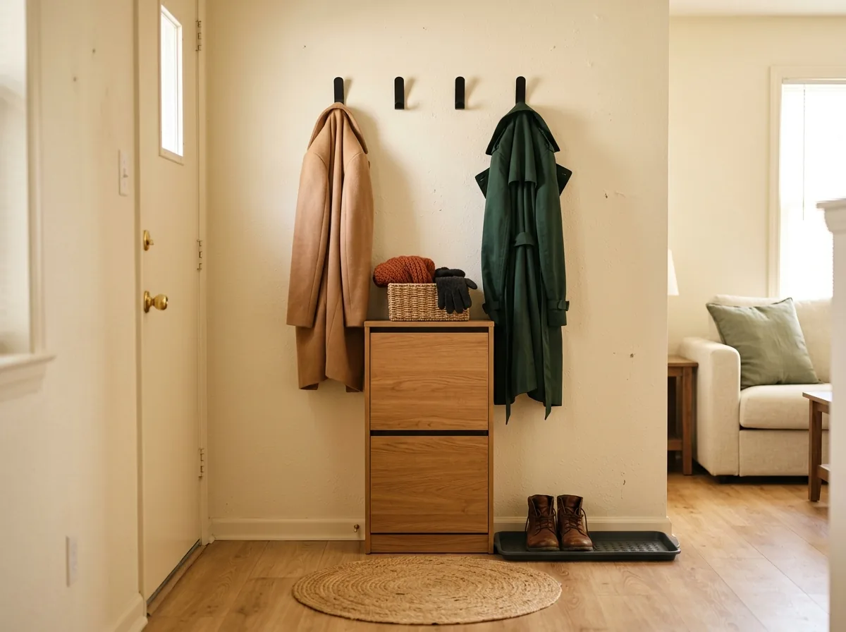 A guest-ready small apartment entryway for hosting — cleared coat hooks, a shoe tray and a basket for gloves and scarves