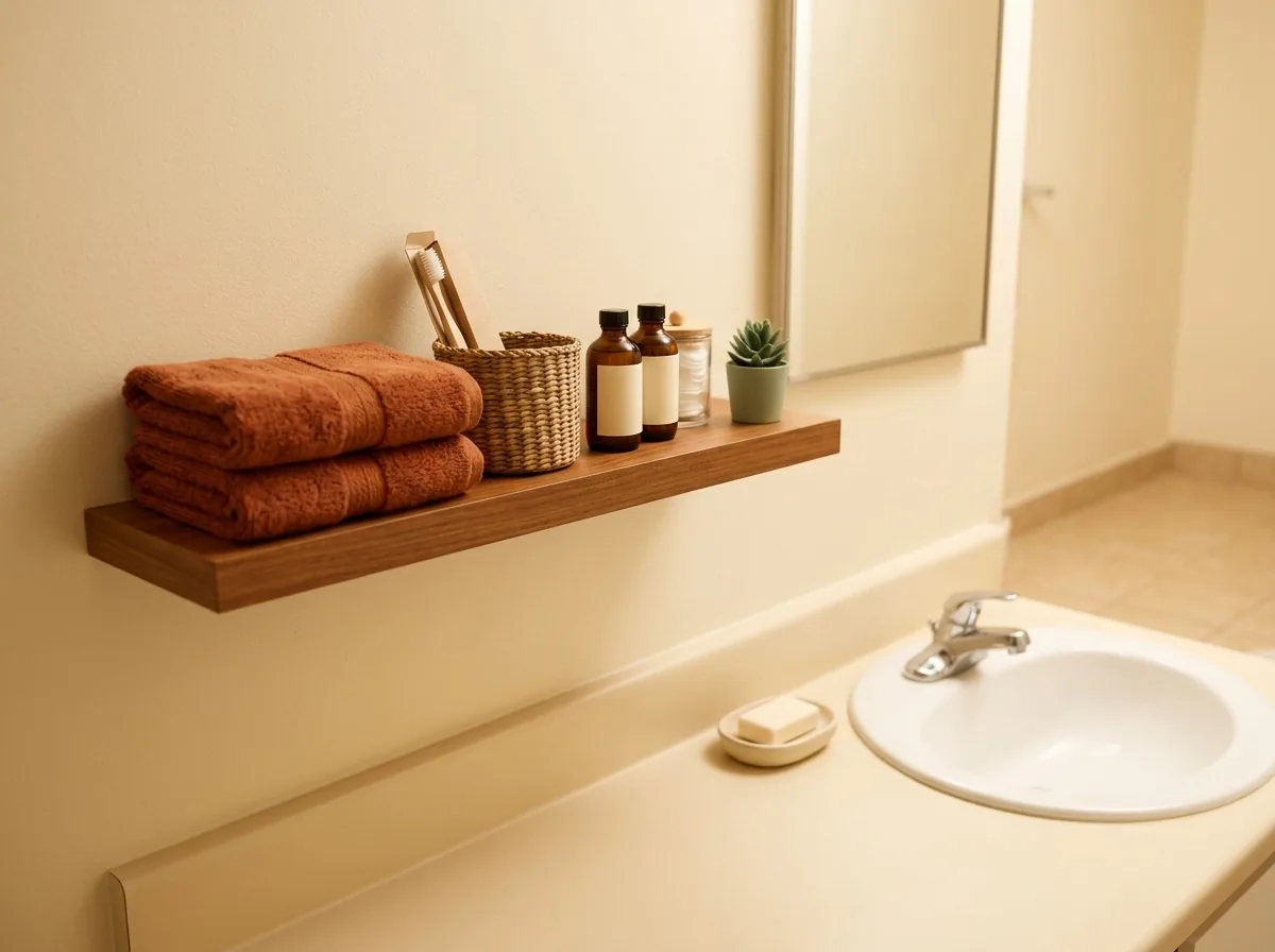 A stocked guest shelf in a small bathroom — folded guest towels, a spare toothbrush and mini toiletries ready before guests arrive