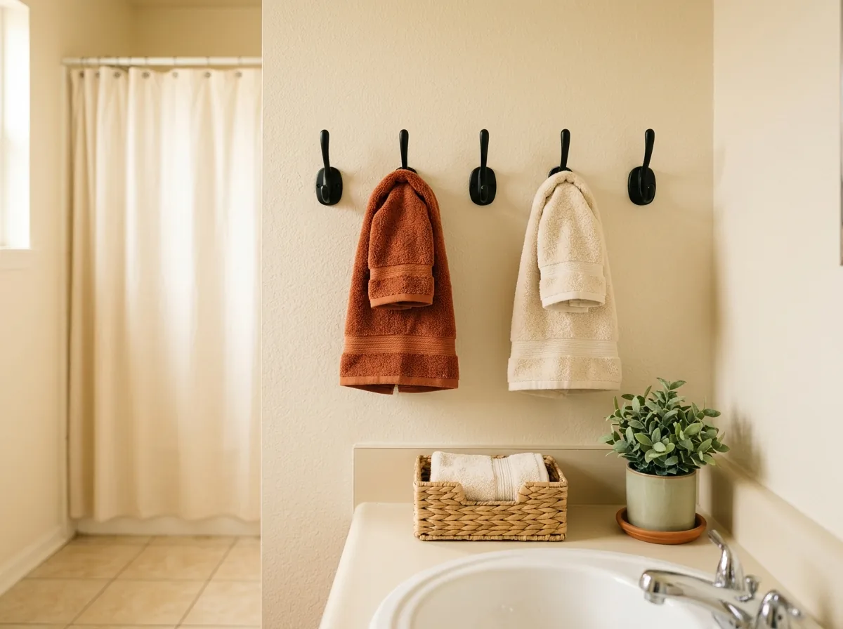 Colour-coded towels and an agreed shower order make sharing one small bathroom with overnight guests easy