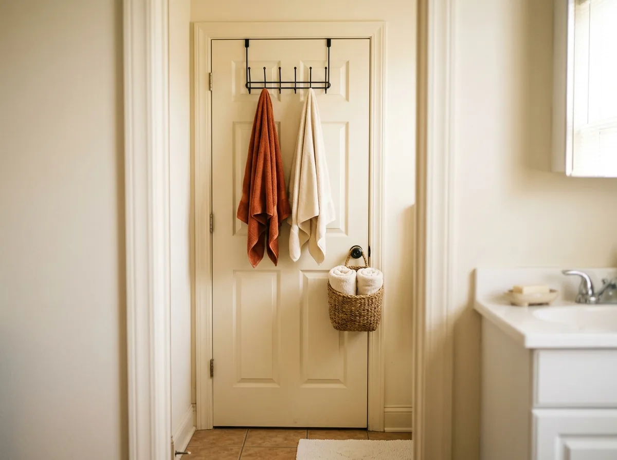 The bathroom-changing routine for hosting overnight guests in a small apartment — guest towels and a door basket keep privacy simple
