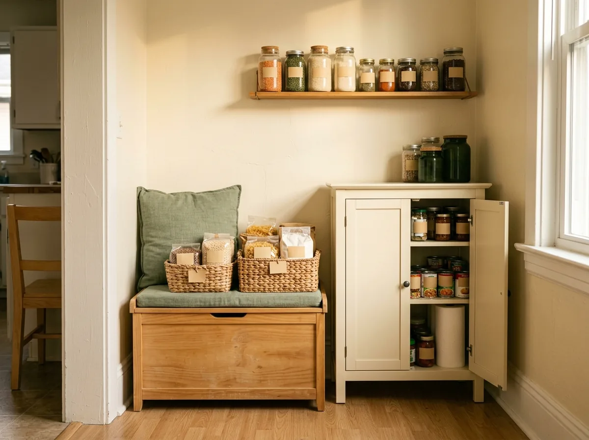 Hallway corner backup pantry with a lidded bench, baskets and a small cabinet for bulk food storage when the kitchen has no pantry