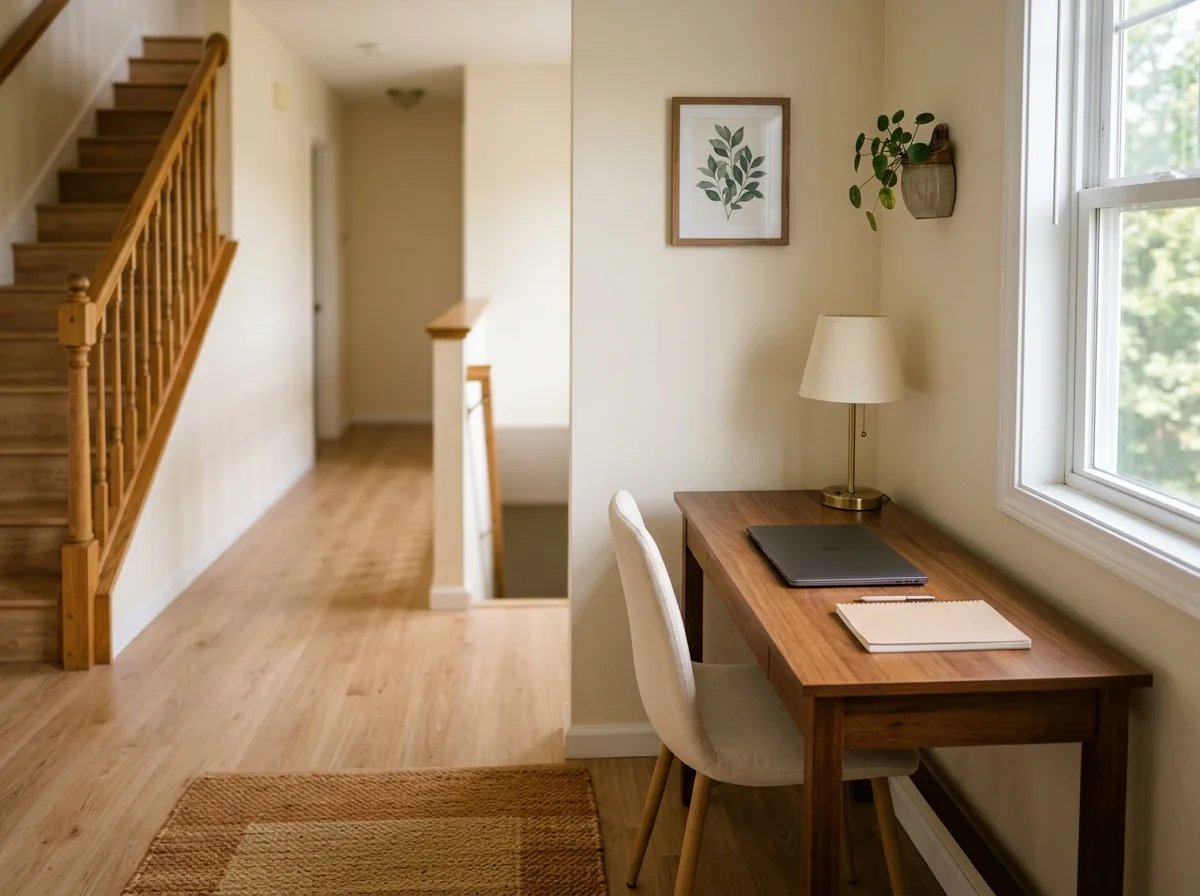 Slim desk on a hallway landing with a chair and lamp, the walkway kept completely clear.