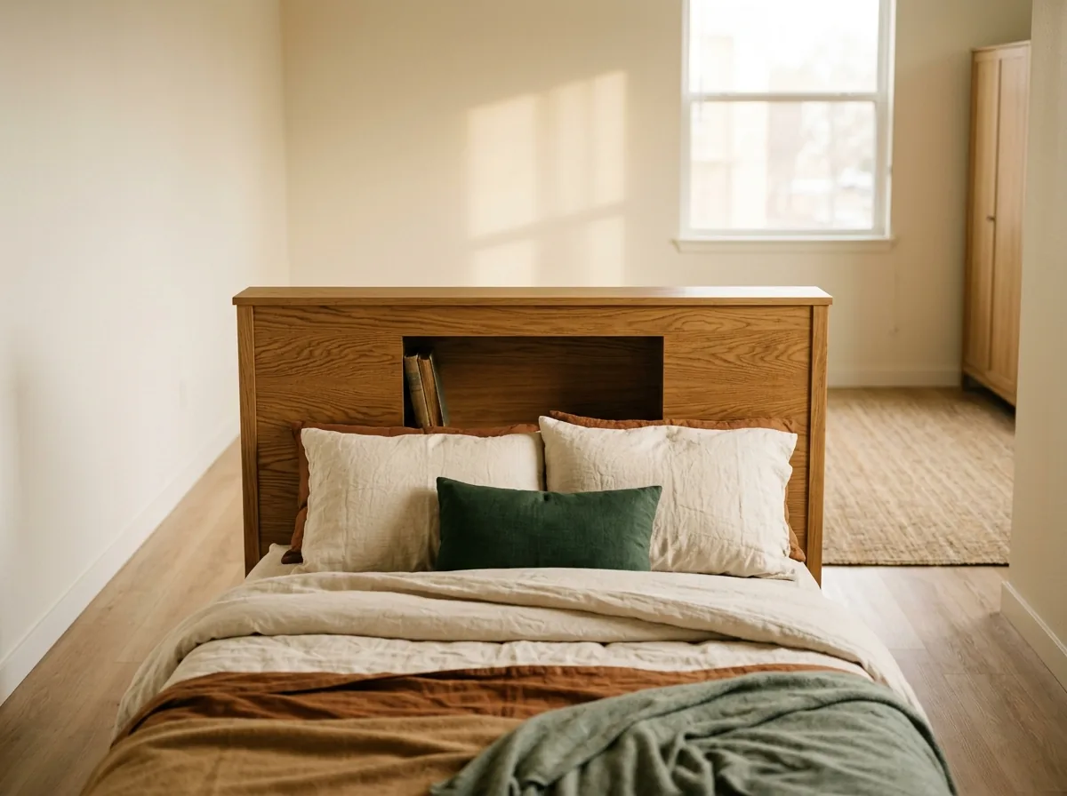 Headboard with a hidden shelf niche behind the pillows, both sides of the bed clear with no nightstand clutter.
