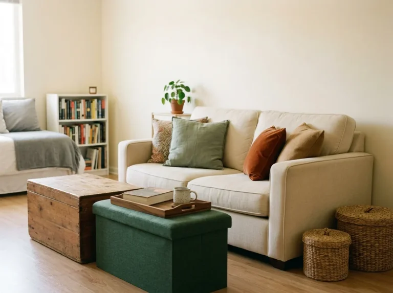 Calm small living room with no visible storage — a closed storage ottoman, trunk coffee table and lidded baskets secretly holding everything.