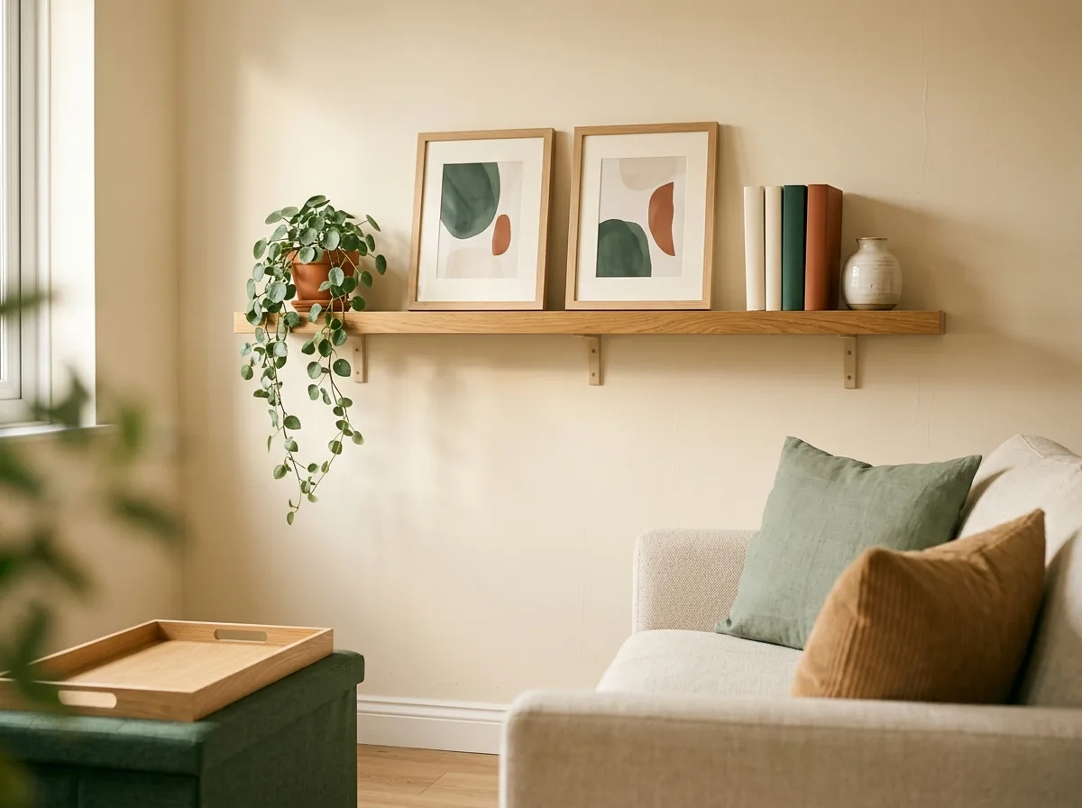 One high floating shelf in a small living room holds plants, framed prints and books up high so everyday surfaces stay clear