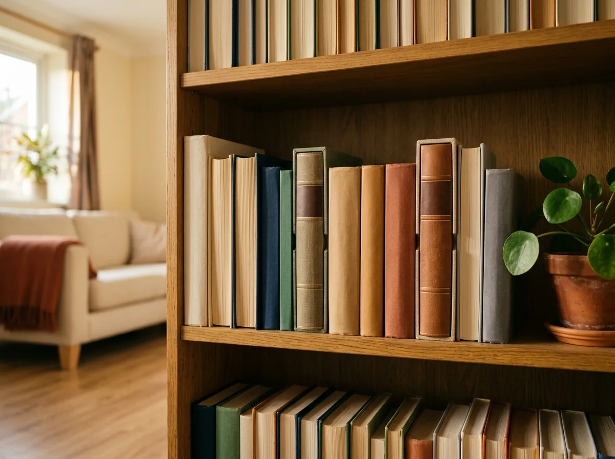 Bookshelf of plain-spined books with two hollow book boxes hidden among them, valuables stored in plain sight.