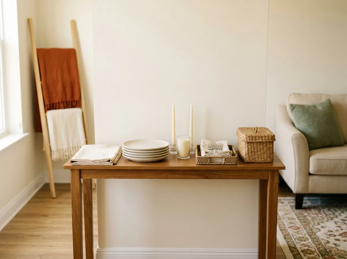 Hosting day prep in a small apartment — tablecloth, plates, candles and napkins laid out on a console by the afternoon, ready for guests