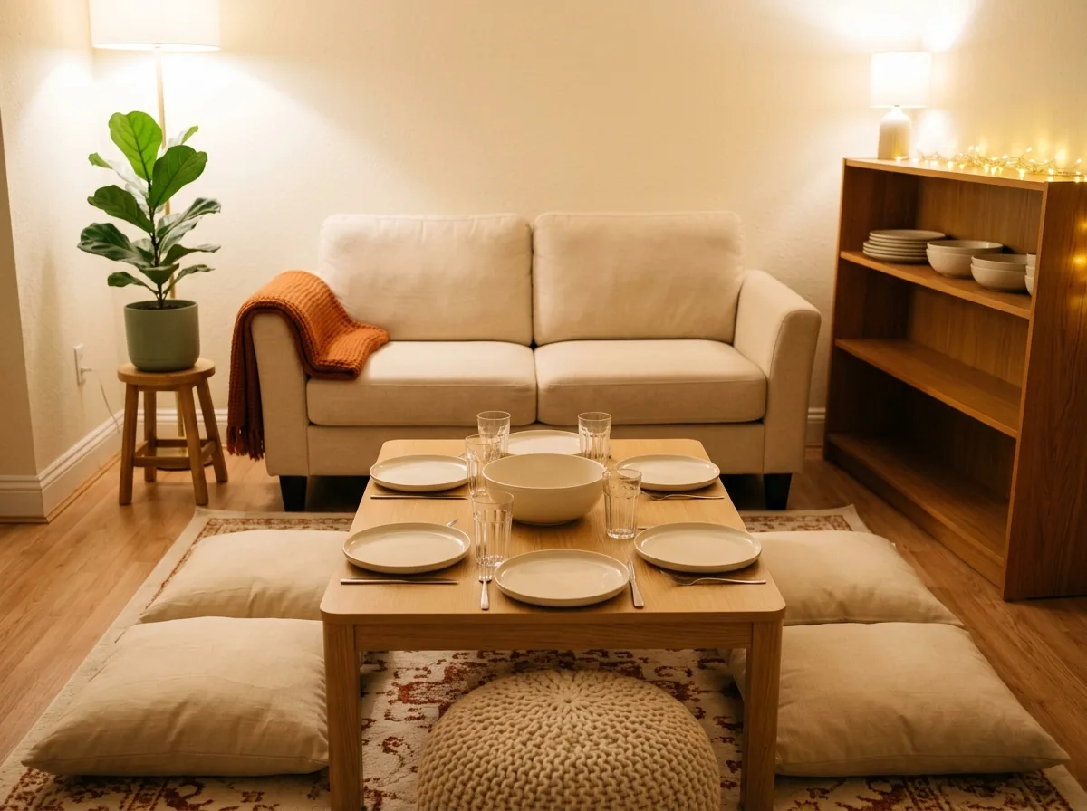 Hosting ideas for a small apartment — a tiny living room set to feed 8 people with low-table dining, floor cushions and a bookshelf buffet
