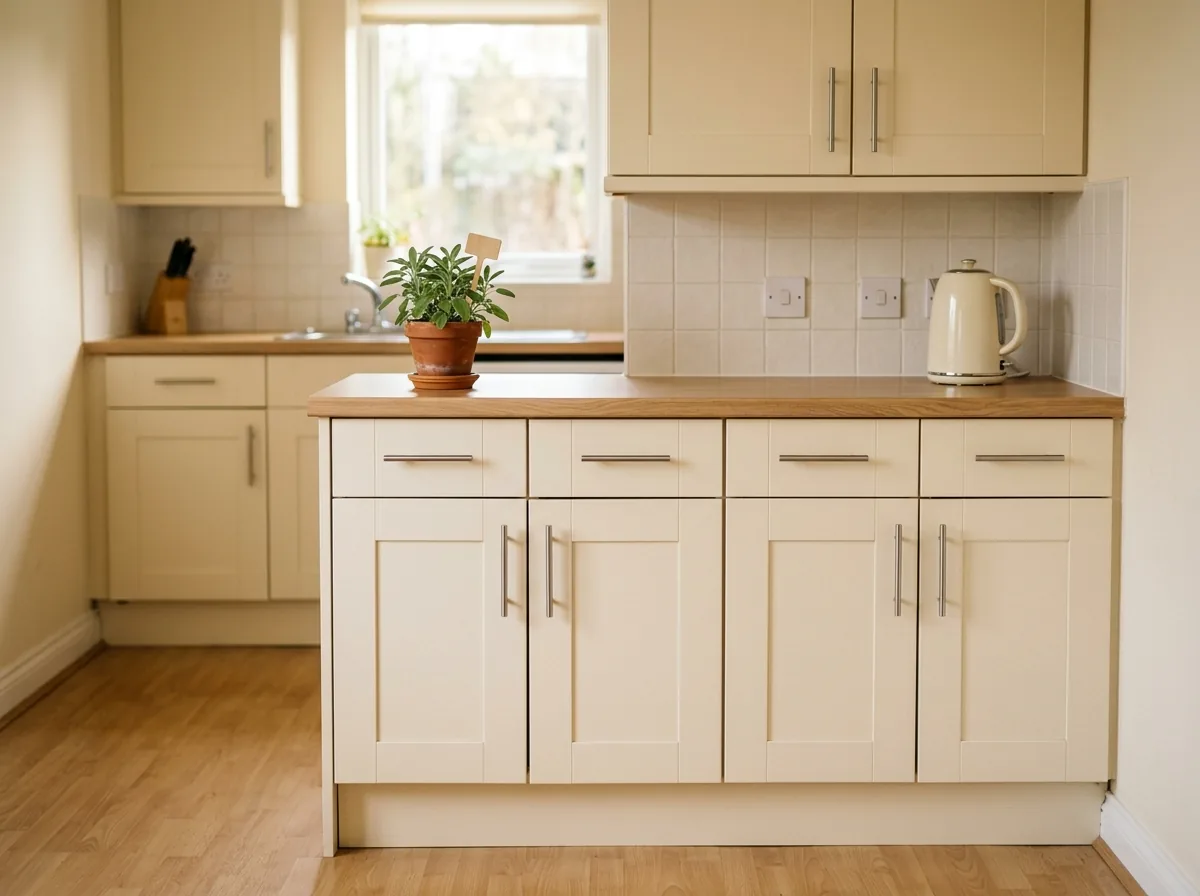 Small kitchen with every cabinet door closed and counters clear, a rack of lids and wraps hidden inside each door.