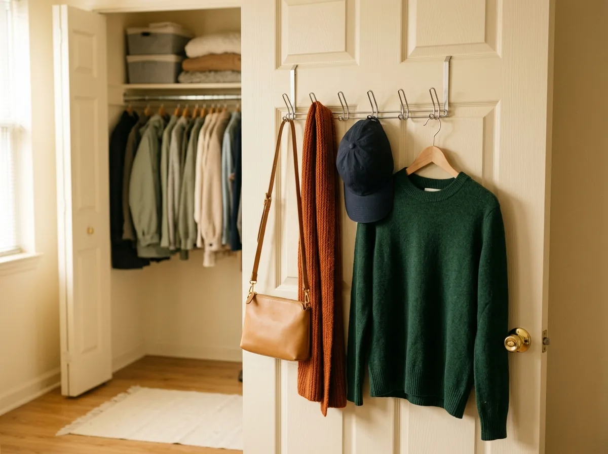 Inside of a closet door used for storage with slim hooks holding a bag, scarf, cap and tomorrow's outfit