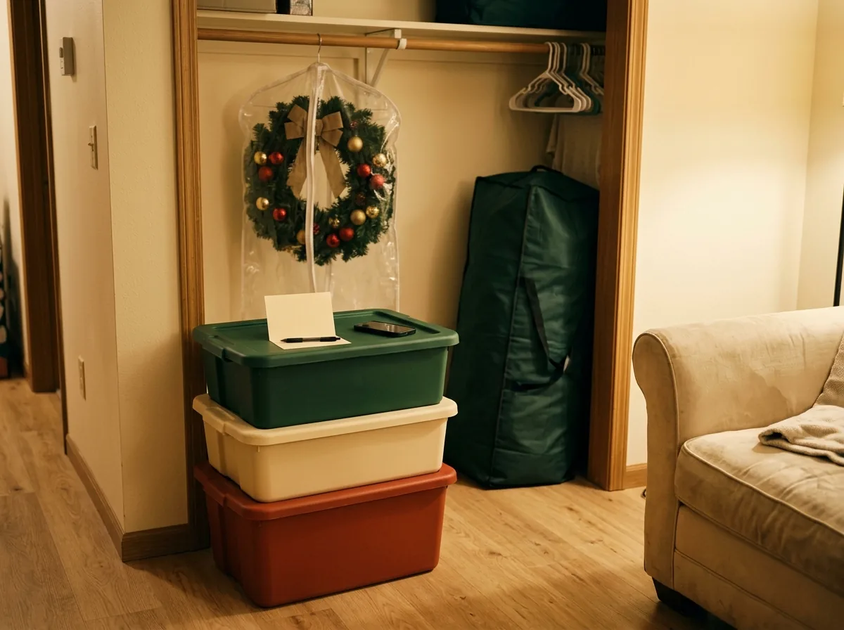 The January Christmas storage reset — bins counted, photographed and noted, with the list left in the first-out bin