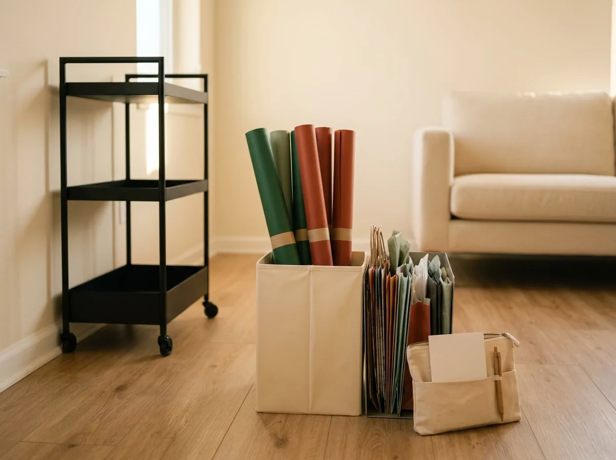 The January gift wrap reset — leftover rolls counted and banded, gift bags rescued, tools pouch restocked before the station is stored