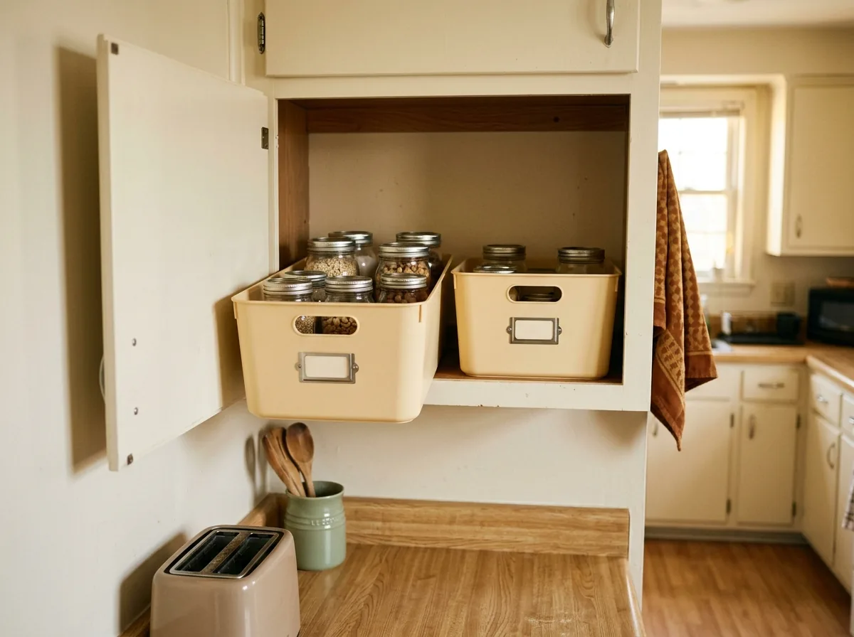 Mistake fixed: kitchen cabinet one layer deep with pull-out bins and air around them