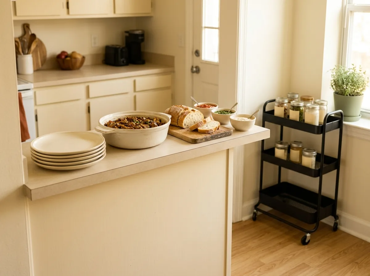 Small kitchen counter serving zones for hosting — plates, mains, sides and sauces in one line so guests flow through a tiny kitchen