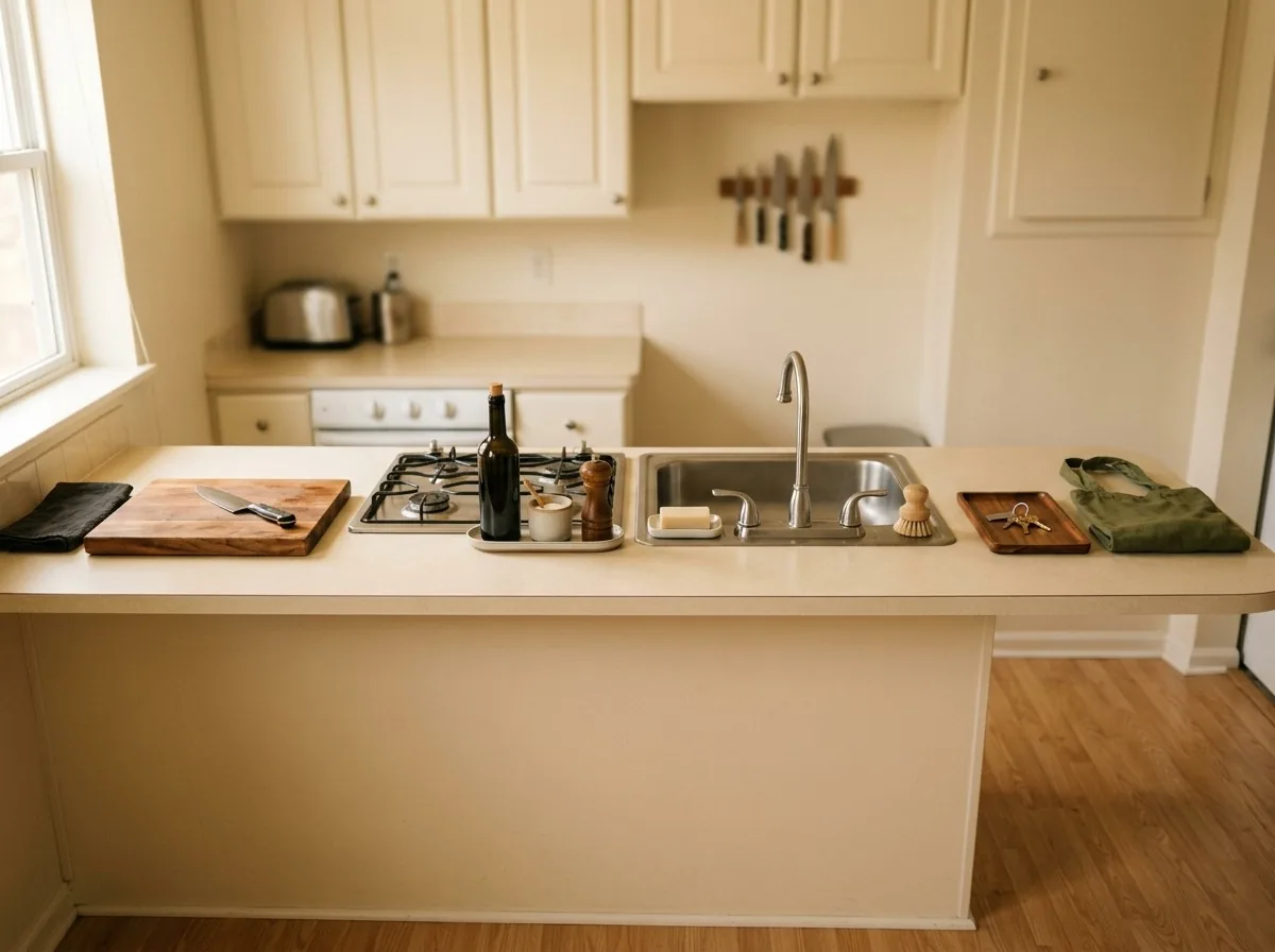 The 4-zone counter system for a small kitchen — prep, cooking, sink and landing zones on one tidy rental counter