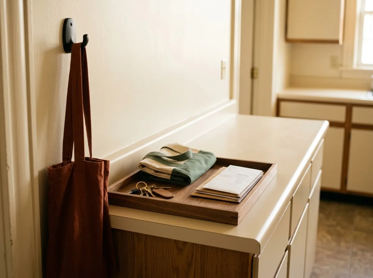 A landing strip at the end of a small kitchen counter — one tray catches keys, bags and mail so the prep space stays clear