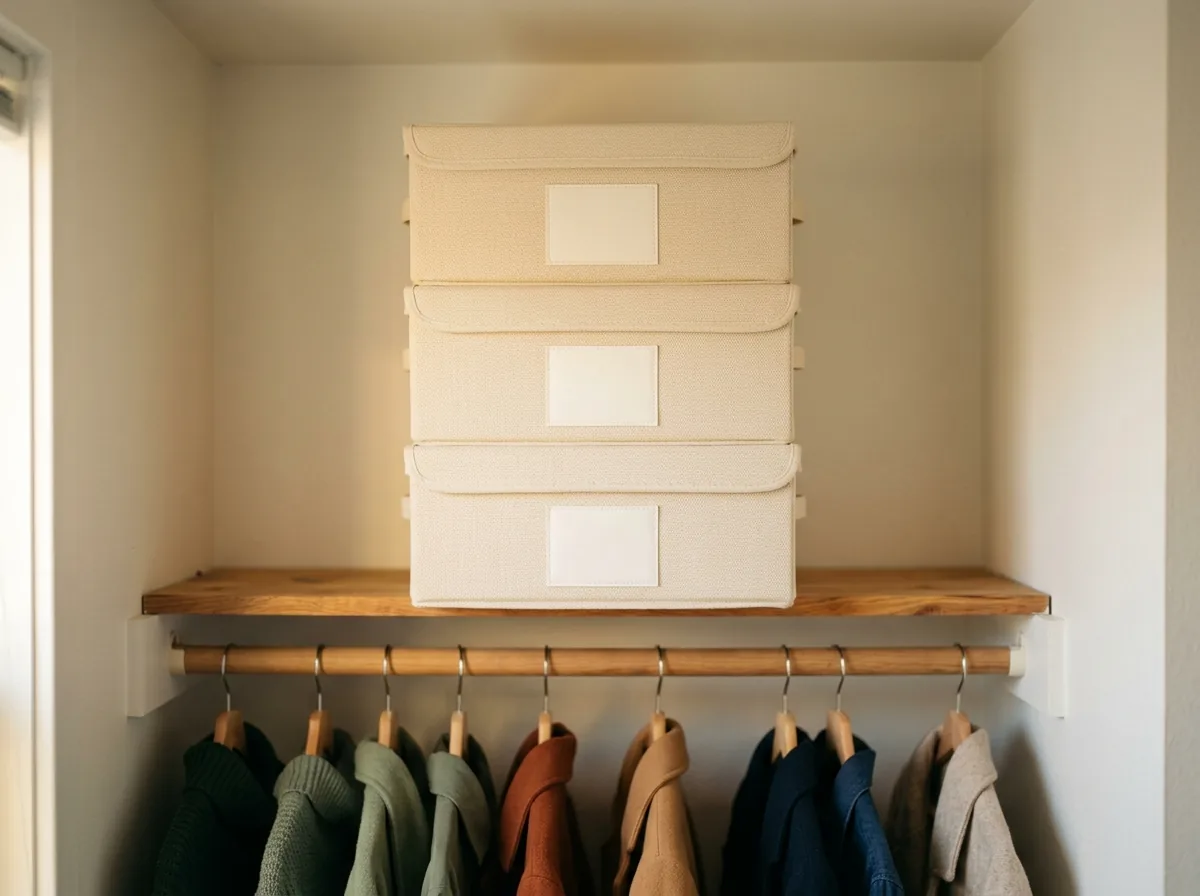 Labelled off-season storage bins stacked on a high closet shelf with blank label cards ready to write on