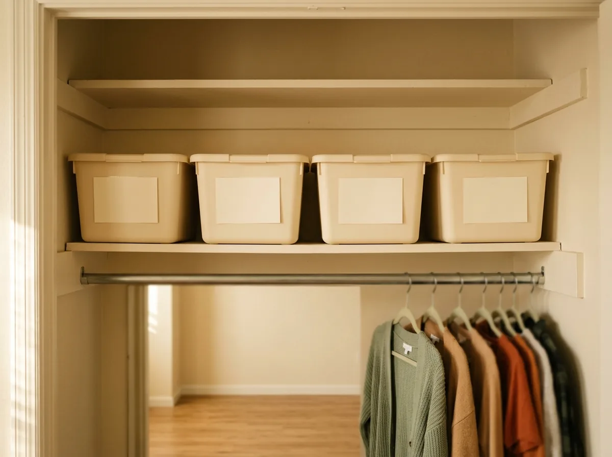 Mistake fixed: stored bins labelled with contents and season, lined up on a high shelf