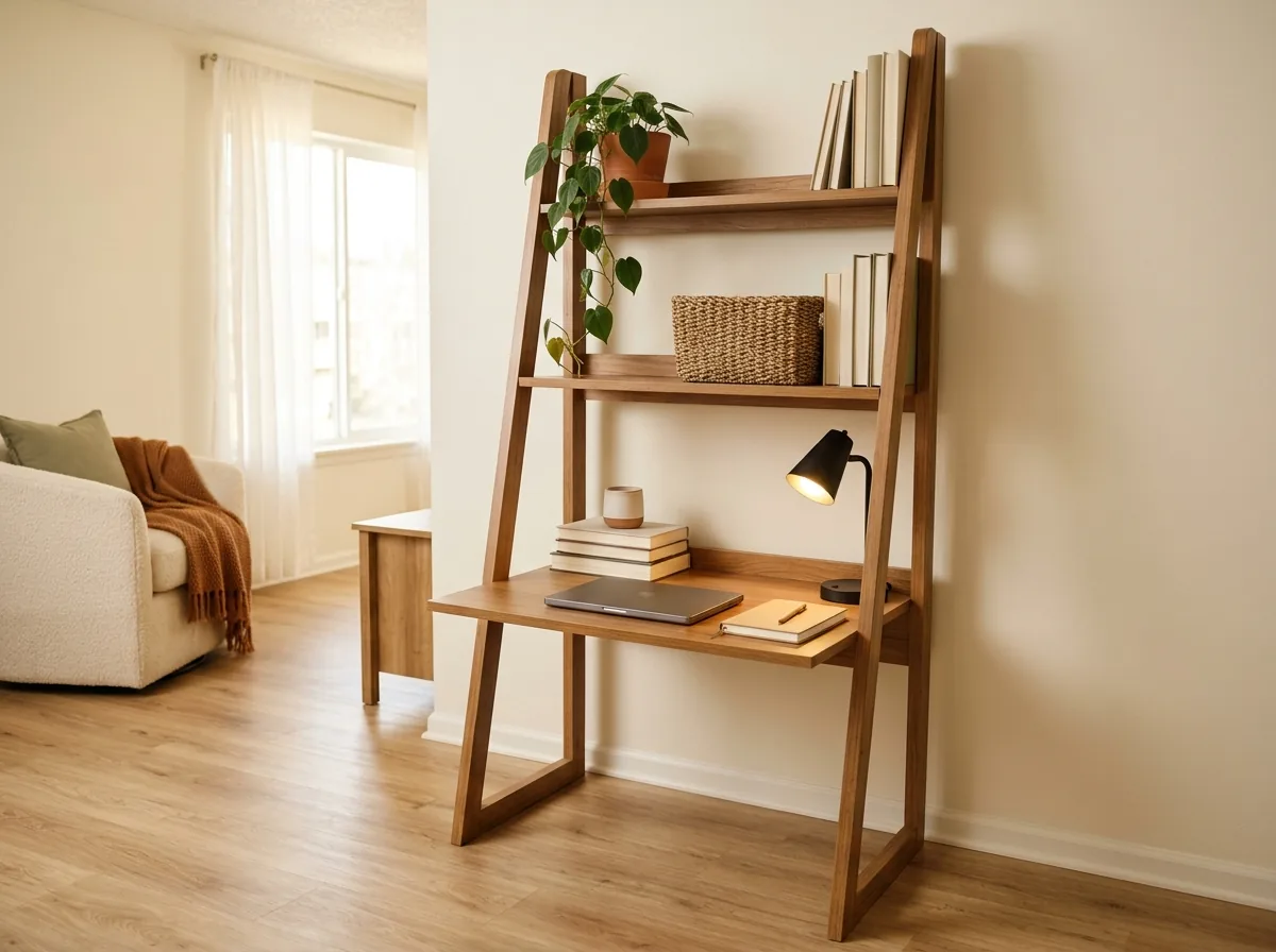 Ladder desk with shelves climbing above the work surface in a small apartment corner.