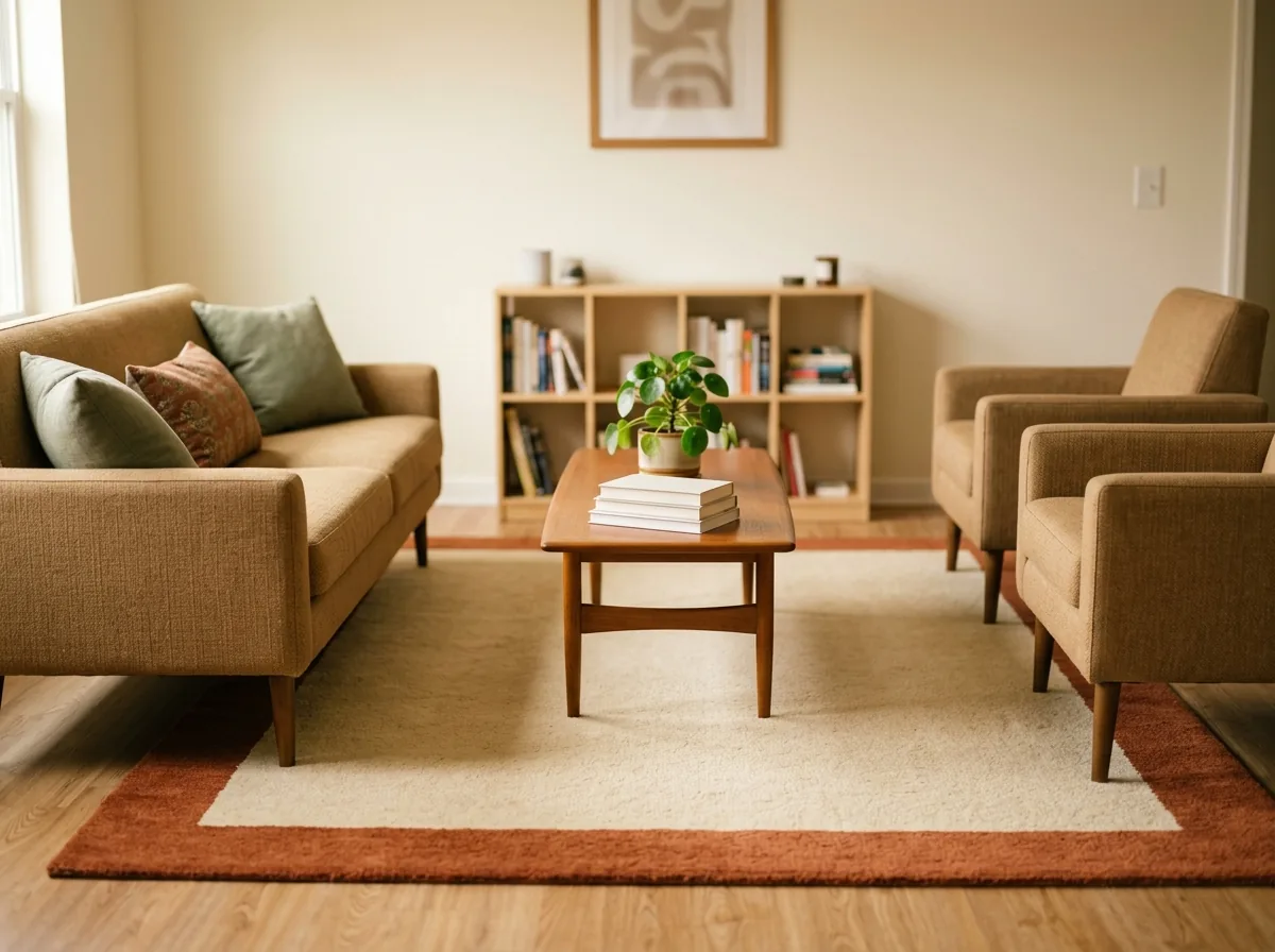 Mistake fixed: a large rug reaching under the sofa’s front legs, anchoring a small seating area