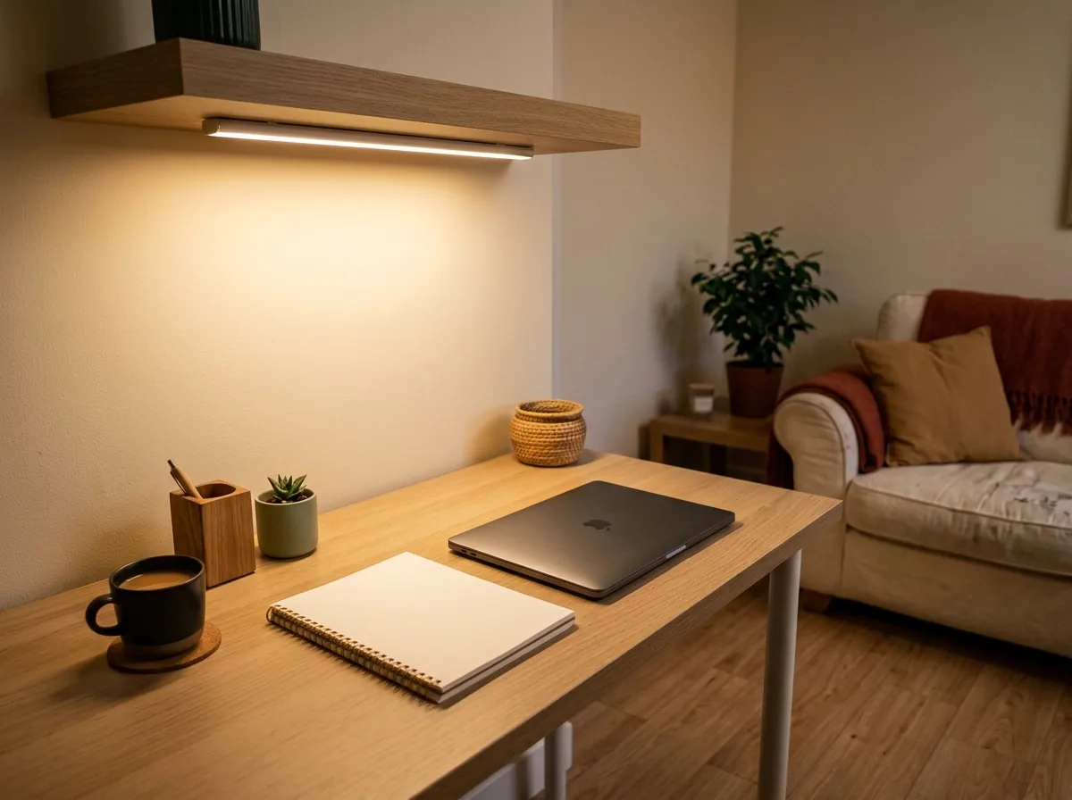 Small desk in the evening lit by a warm rechargeable LED task light, no wires in sight.