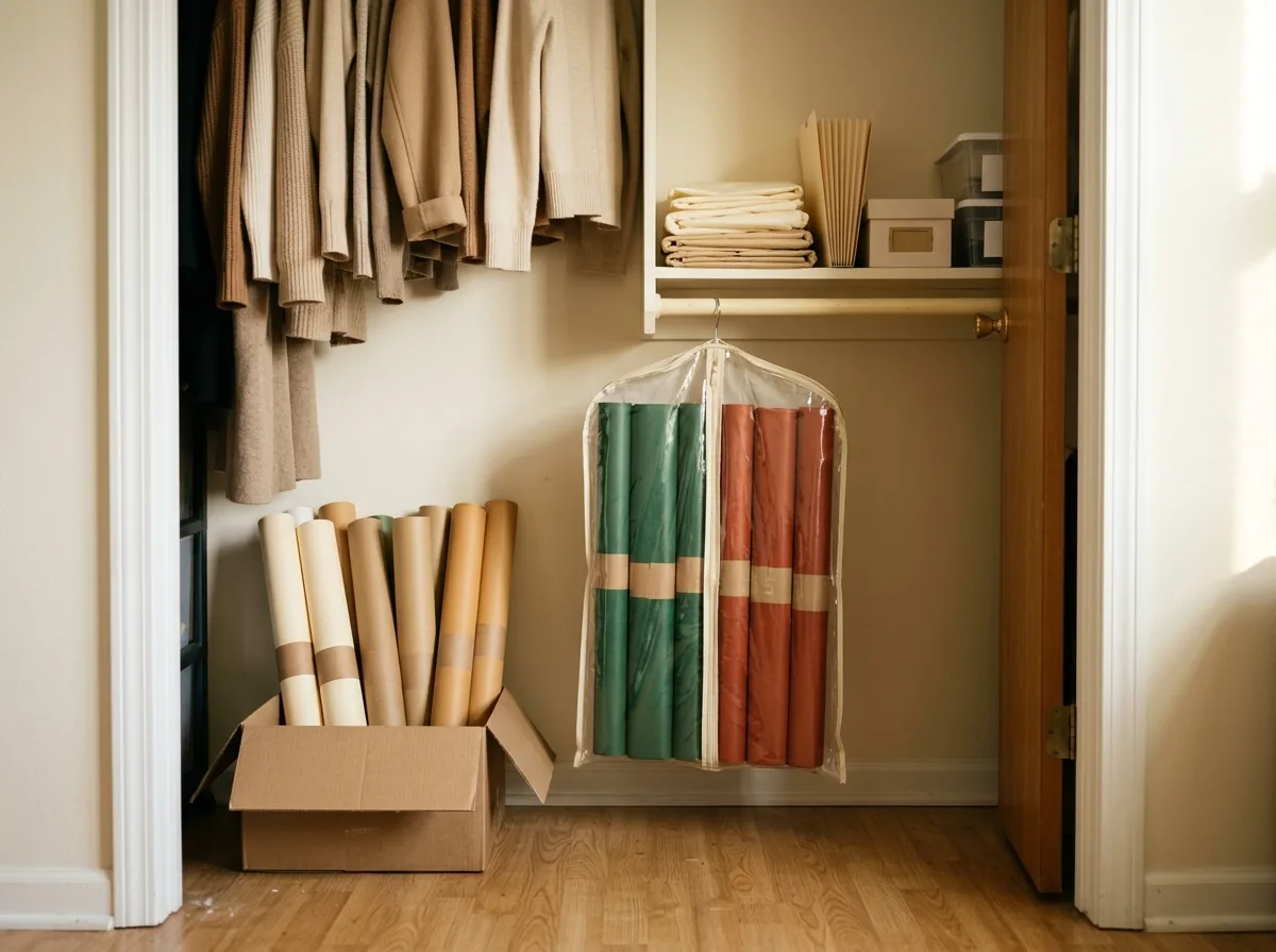 Leftover Christmas wrapping paper storage — rolls banded and grouped by season, stored flat in a garment bag and under-bed box