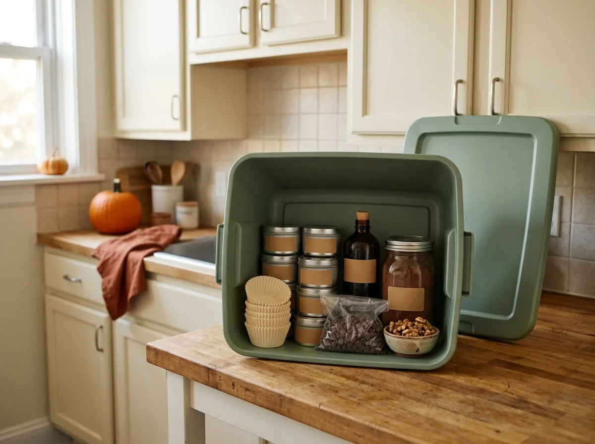 One lidded bin holds all baking supplies together — a fall-ready small pantry organization idea for a kitchen with no pantry
