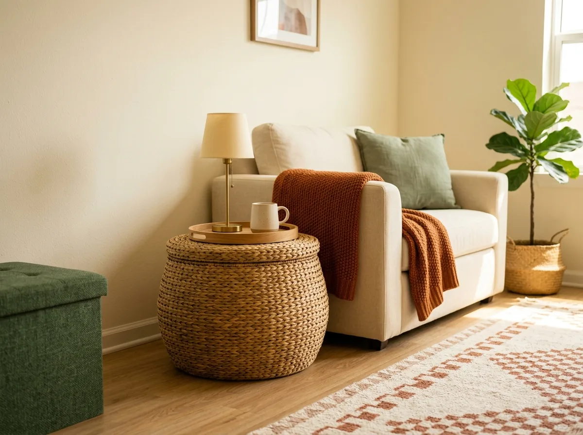 A lidded woven basket used as a side table in a small living room — tray and lamp on top, spare throws stored inside