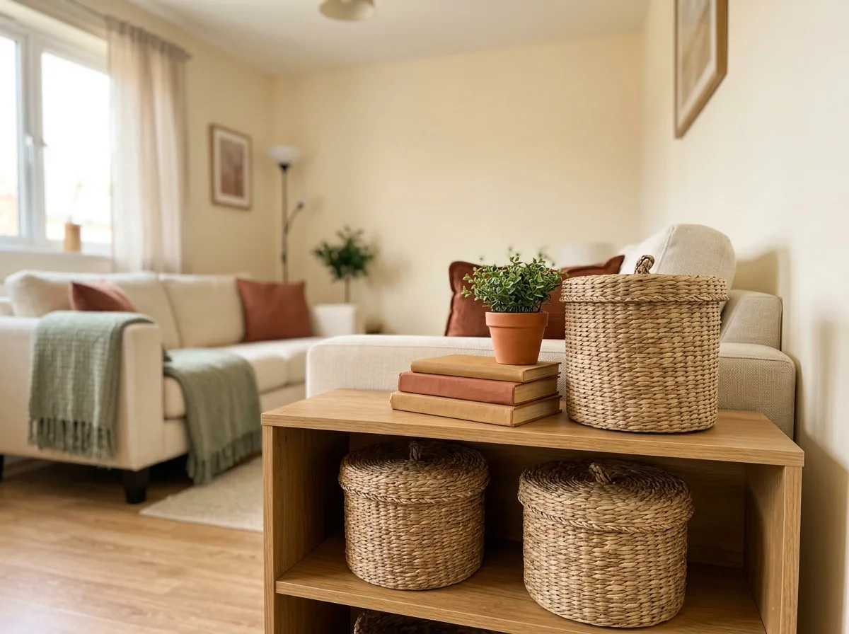 Lidded woven baskets styled as decor on shelves, chargers and clutter hidden inside with every lid closed.