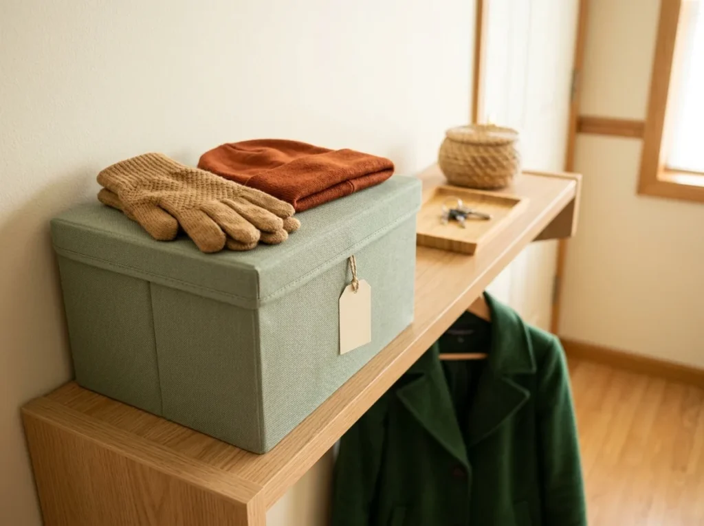 Fall accessory storage for small entryways — a lidded fabric box on the shelf keeping gloves and hats together in a tiny entry