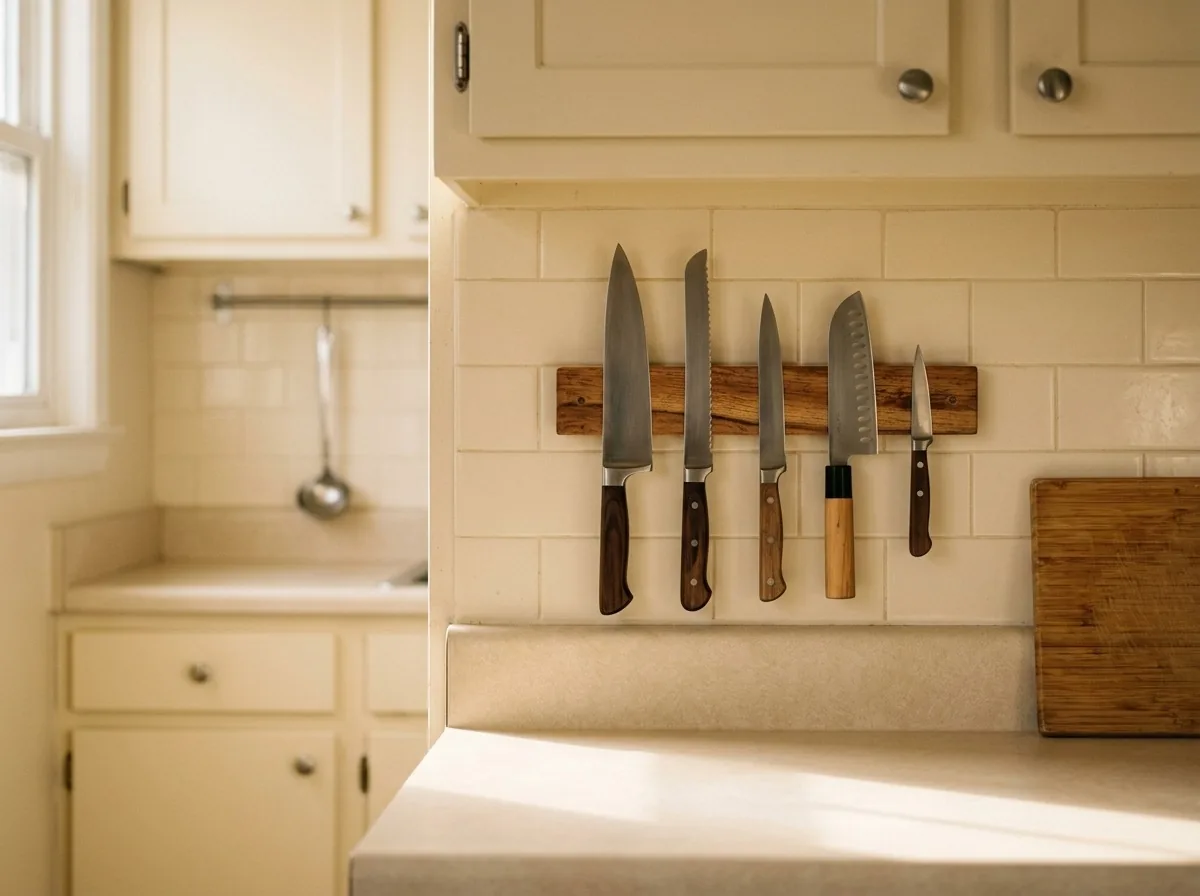 A magnetic knife strip frees a whole square foot of small kitchen counter — knives stored on the backsplash, no block, no drilling