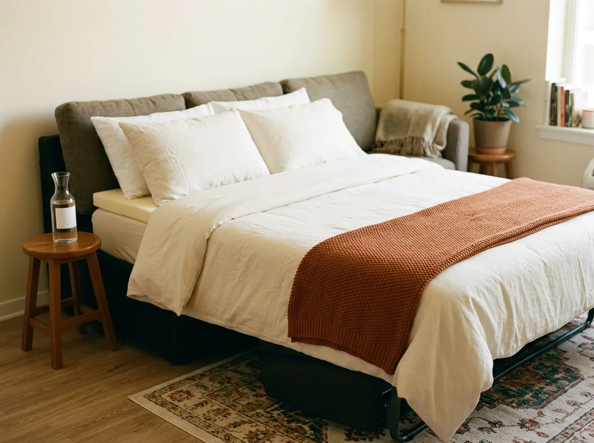 How to make a sofa bed comfortable for guests — a foam topper, real sheets, a duvet and two pillows turn a pull-out into a proper guest bed