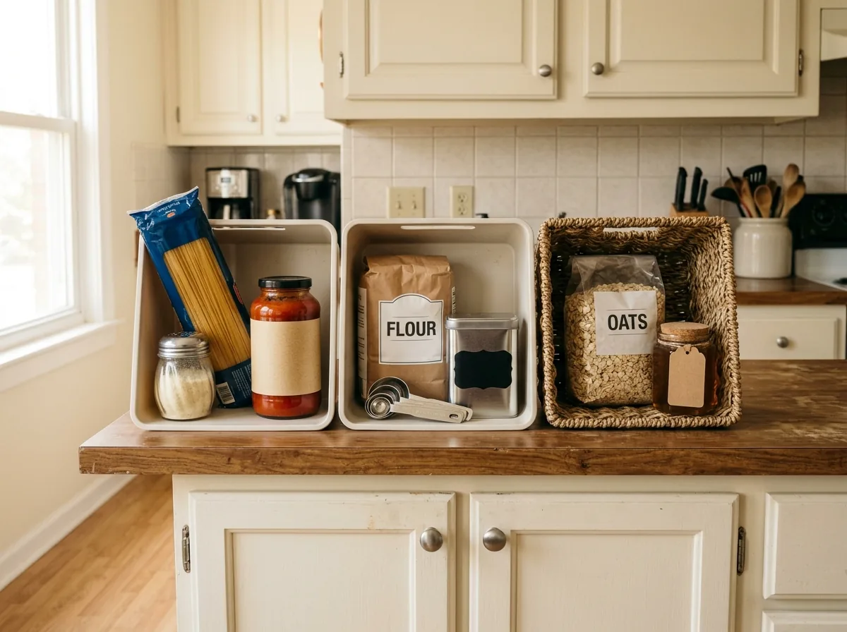 Pantry bins grouped by meal — pasta night, baking and breakfast groups — a small pantry organization idea for kitchens with no pantry