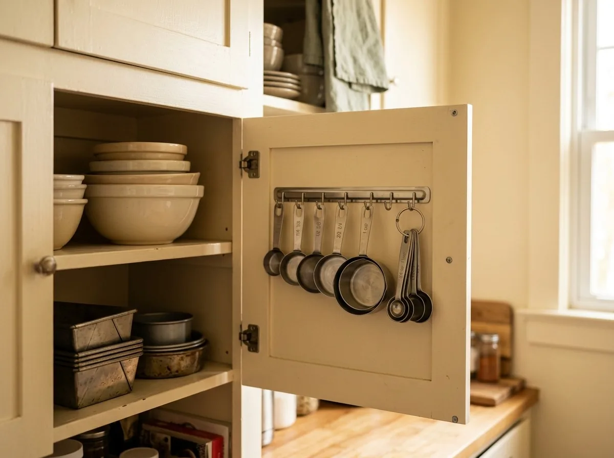 Hang measuring cups and spoons inside a cabinet door — a small hook rail ends drawer tangles in a small kitchen
