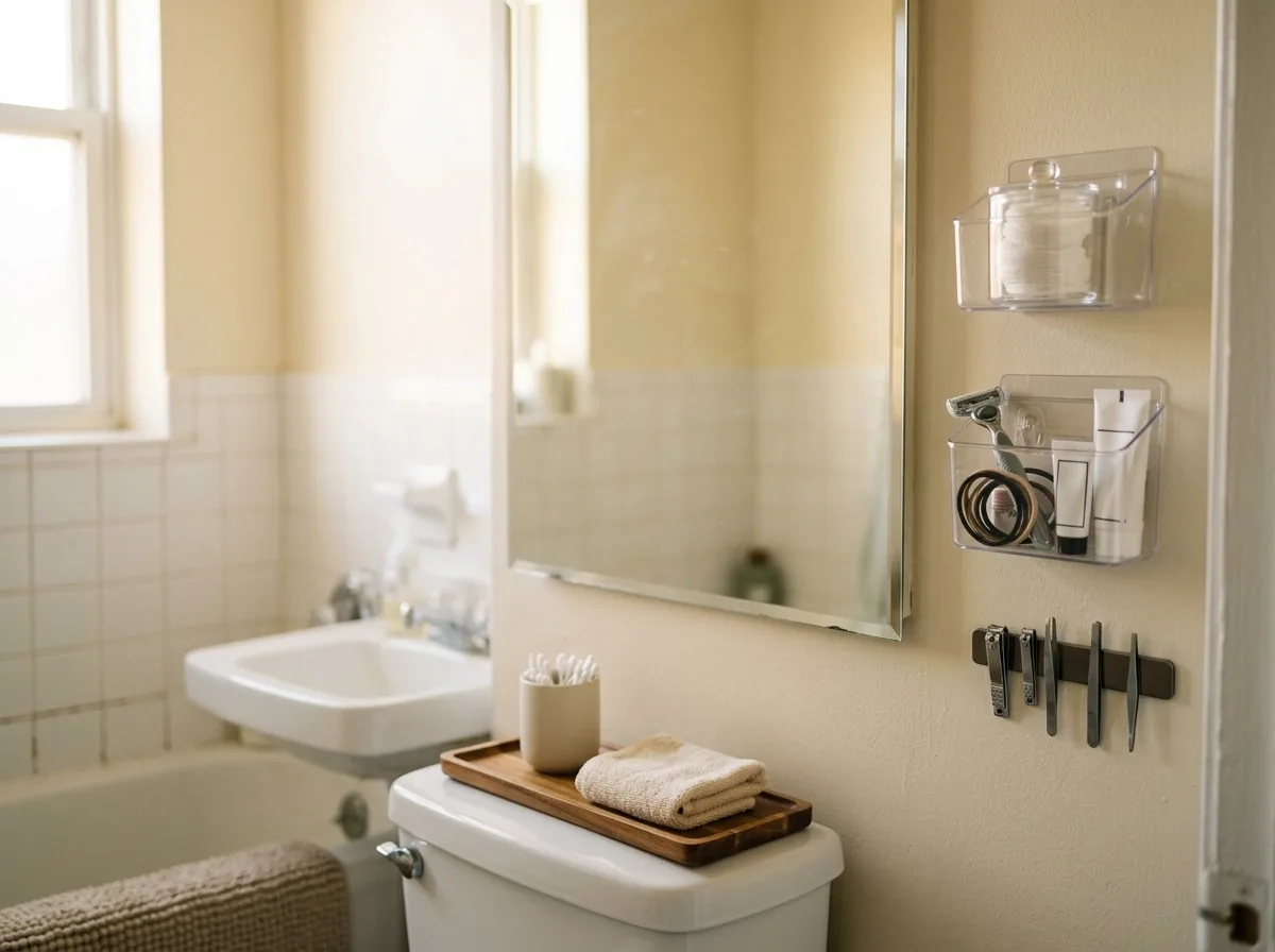 Medicine cabinet alternatives for renters — adhesive organisers and a magnetic strip hold bathroom basics at eye level beside the mirror