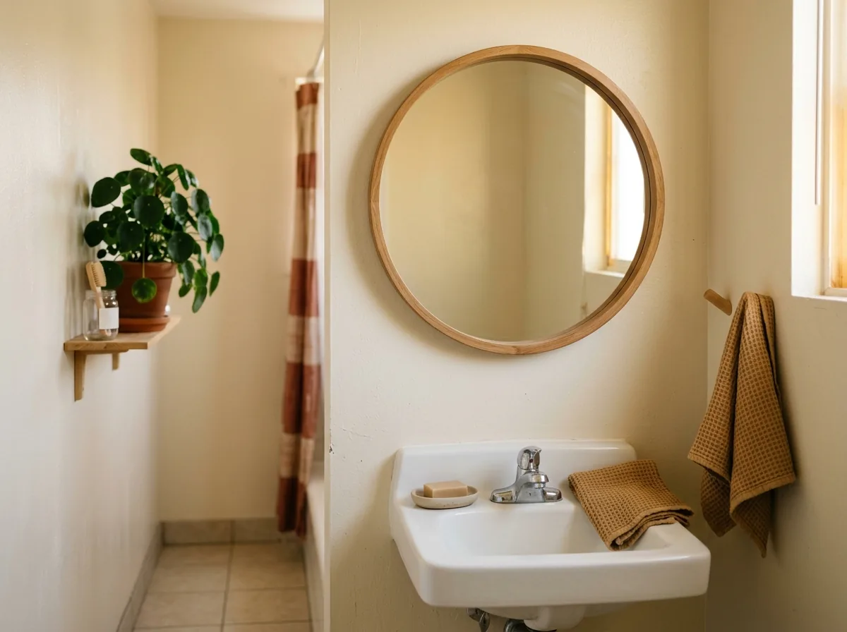 Closed mirror-front cabinet above a clear bathroom sink, every bottle and jar hidden behind the mirror.