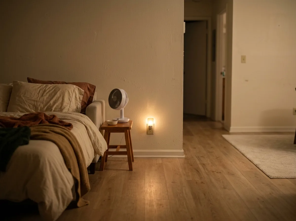A nightlight path to the bathroom and a small fan for white noise help overnight guests sleep well in an unfamiliar small apartment