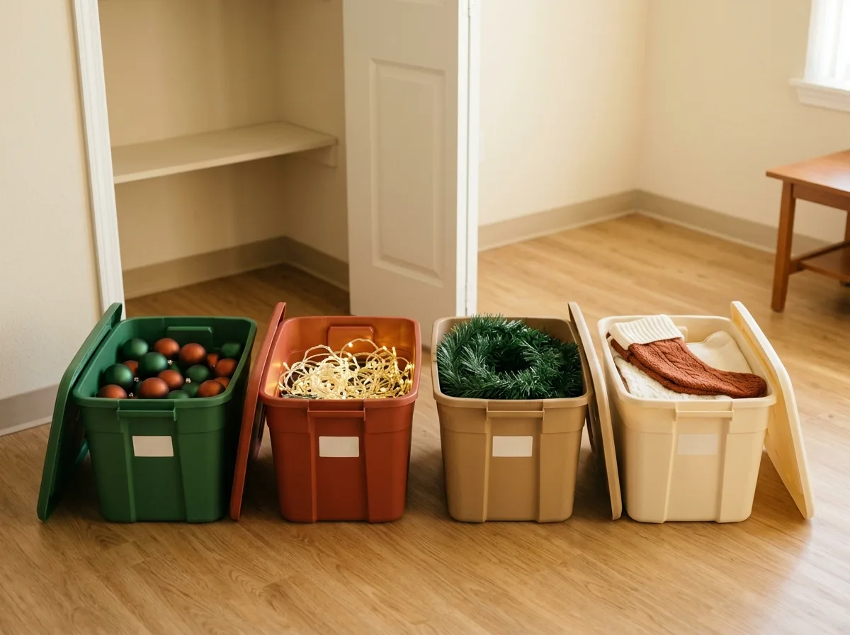 One bin per category for Christmas storage — ornaments, lights, garlands and soft decor each packed in their own bin