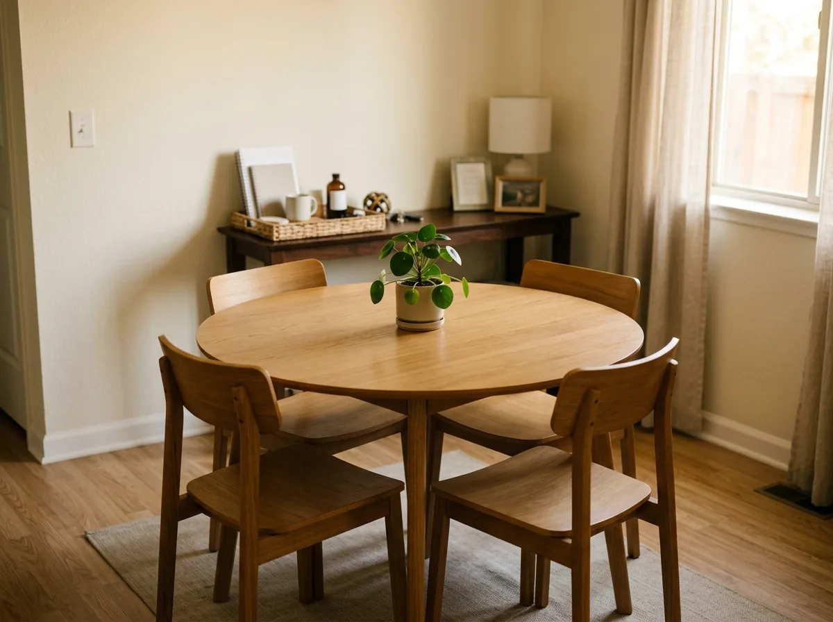 Mistake fixed: one completely clear surface in a small home — a bare dining table ready for dinner
