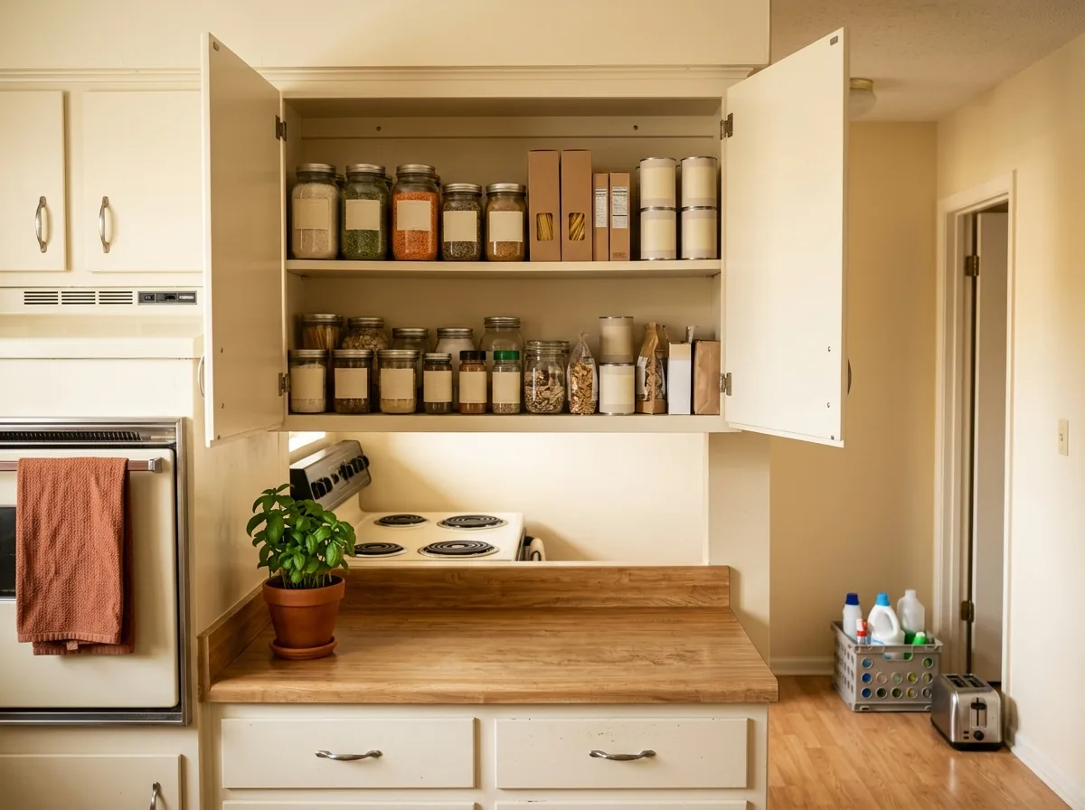 Small pantry organization idea: one food-only cabinet zone with neat jars and cans, and non-food items moved out of a small kitchen with no pantry