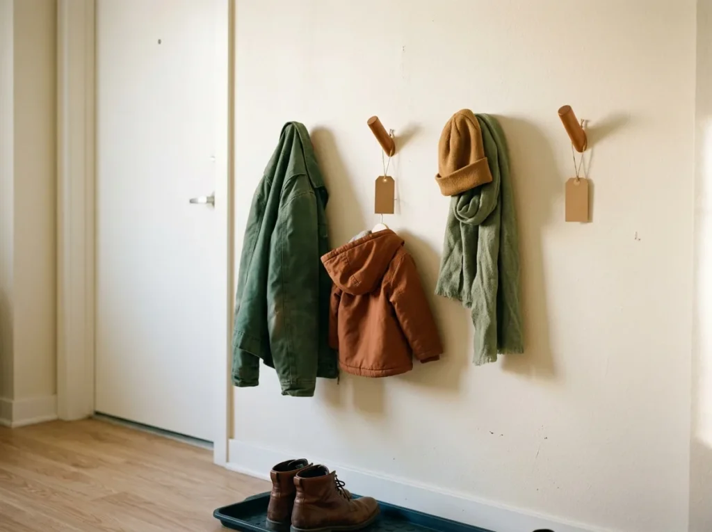 Small entryway organization idea — one hook per person plus a spare guest hook keeping coats tidy in a small apartment with no mudroom