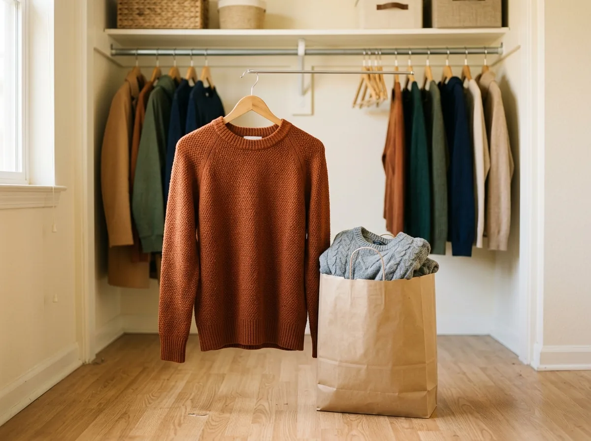 New sweater hanging in a small closet next to a donation bag holding the piece it replaces — the one-in-one-out rule