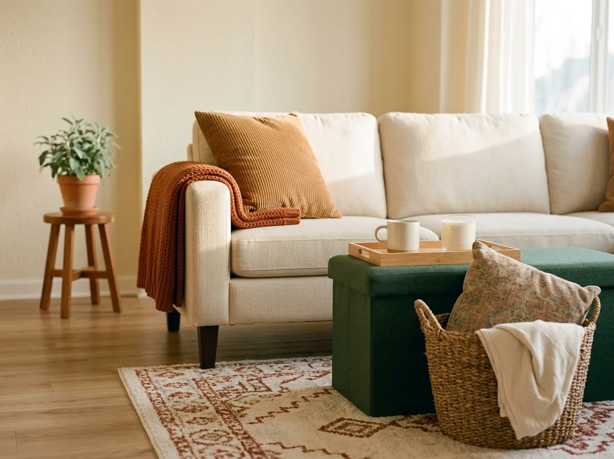 The one-in, one-out decor rule in a small living room — a fresh cushion on the sofa and the old one in a basket ready to donate
