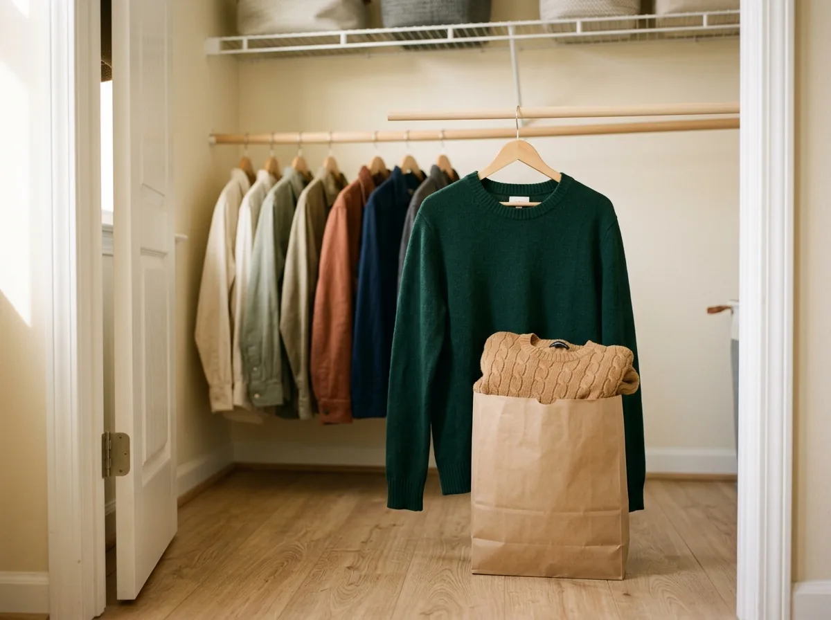 Mistake fixed: a new sweater beside the donation bag holding the piece it replaces — one in, one out