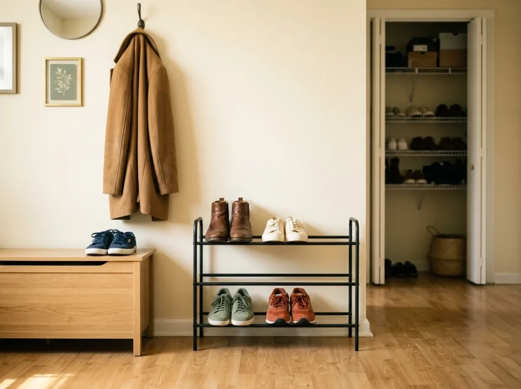 Small entryway organization rule — a tidy shoe rack with only two pairs per person and one empty slot, keeping a no-mudroom entry from overflowing