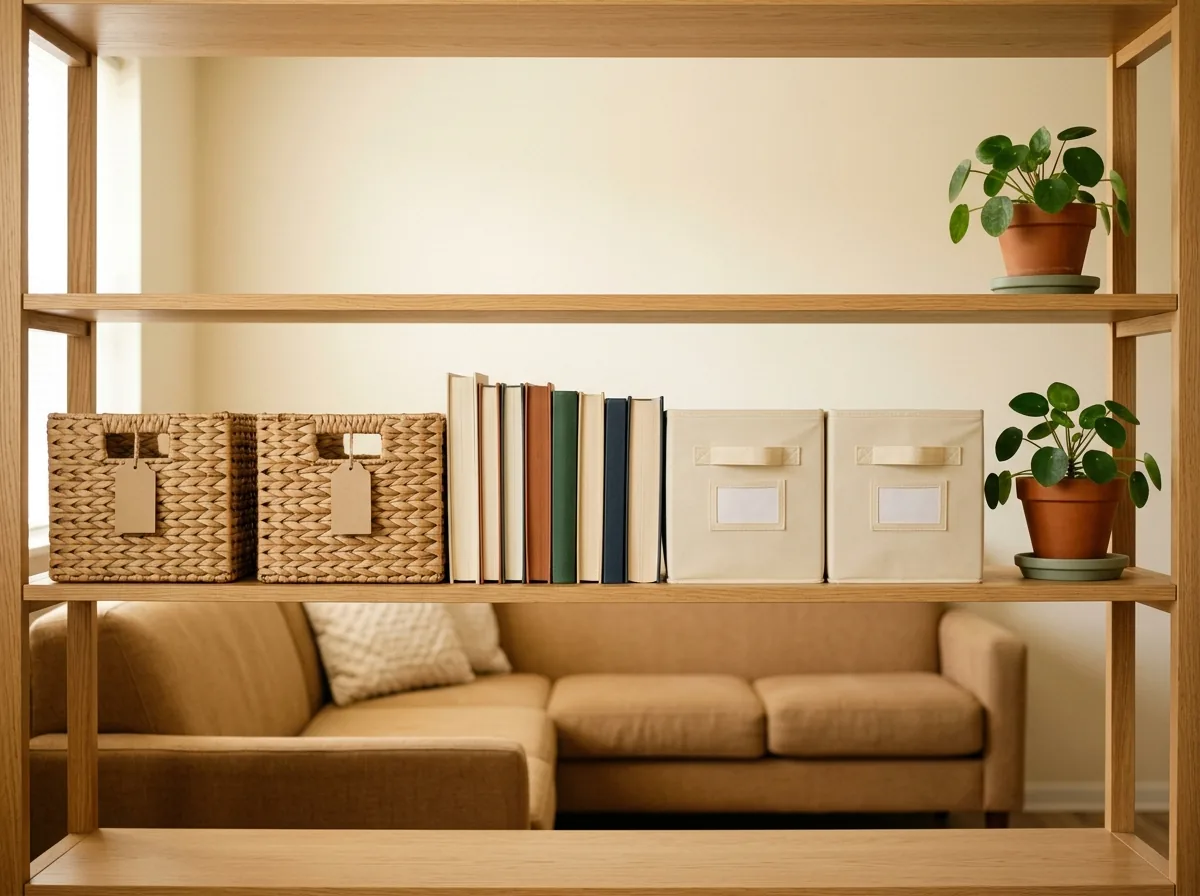 Mistake fixed: opaque storage bins and baskets calming open shelves where clear bins looked like clutter
