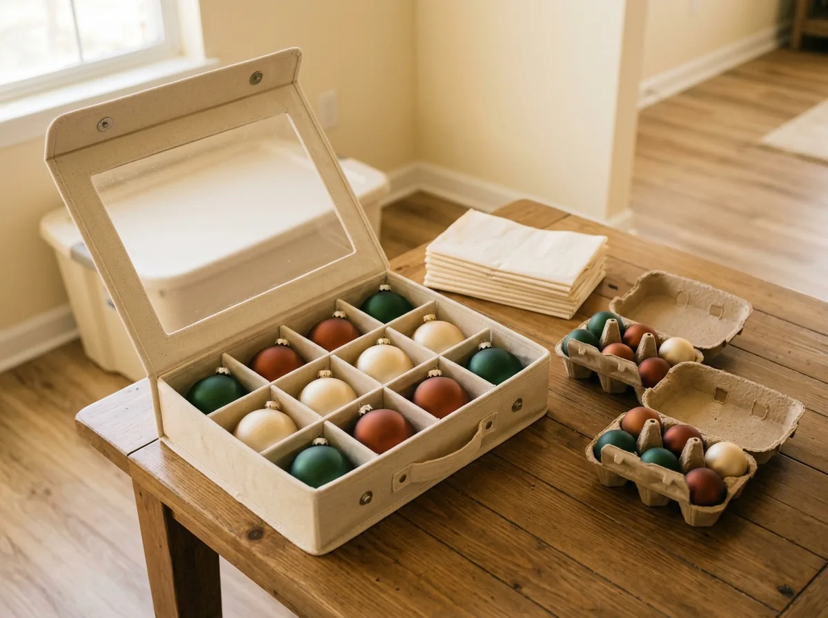Ornament storage in divided boxes and egg cartons — every bauble in its own cell so nothing chips or tangles