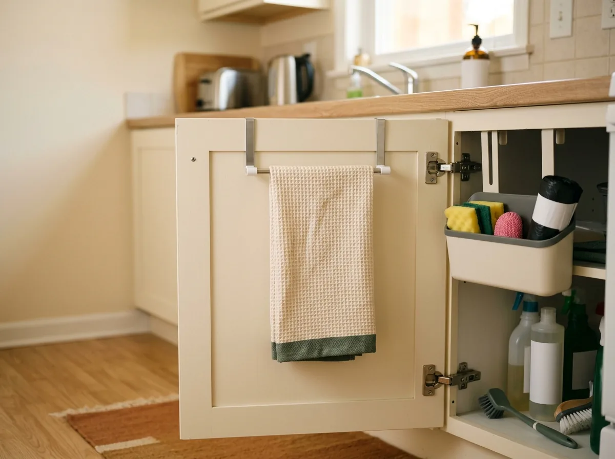 Over-cabinet-door towel rail and inside storage bin on a kitchen cabinet door, no screws or drilling.