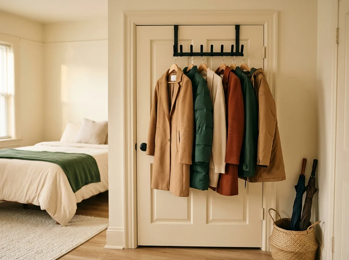 An over-door coat rack holds eight guest coats in a small apartment with no hall closet — no drilling, renter-friendly hosting
