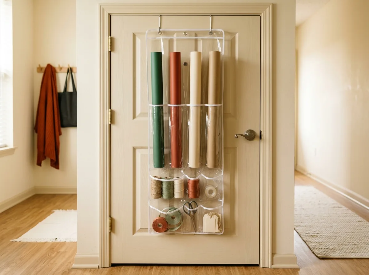 Over-door gift wrap organizer for a small space — rolls, ribbon, scissors and tags in clear pockets on the back of a door, no drilling